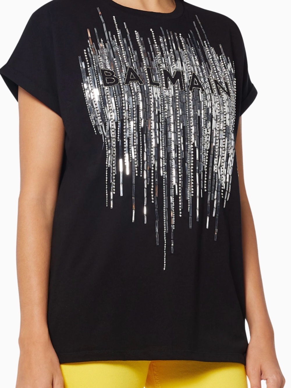 Balmain Black Tee with Silver Sequin Cascades size L - Picture 3 of 7
